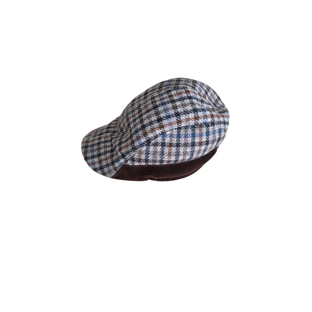 Houndstooth Newsboy Cap Brown Blue‎ Plaid Driving  Hat Ear Flaps Made In Italy